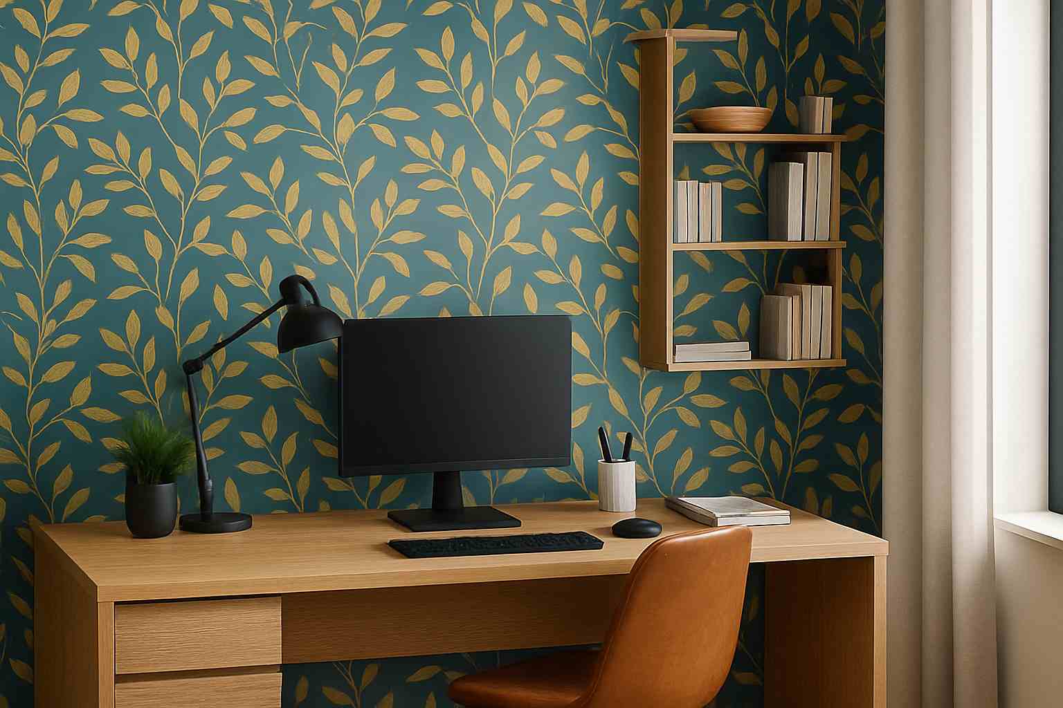 Decoração com papel de parede no escritório