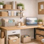 Organização criativa para home office cestos, pastas e caixas
