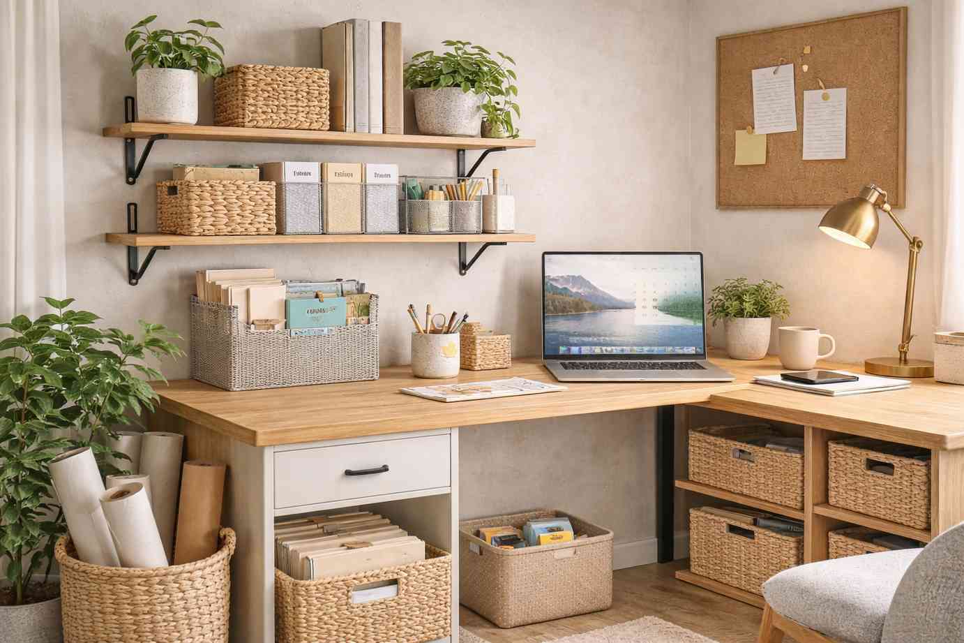 Organização criativa para home office cestos, pastas e caixas