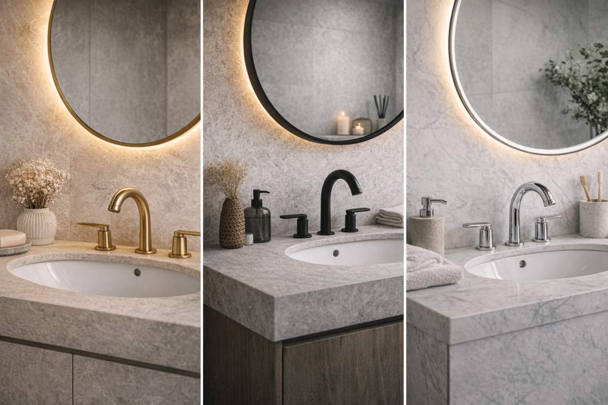 Decoração de banheiro com metais dourados, pretos ou cromados: como escolher