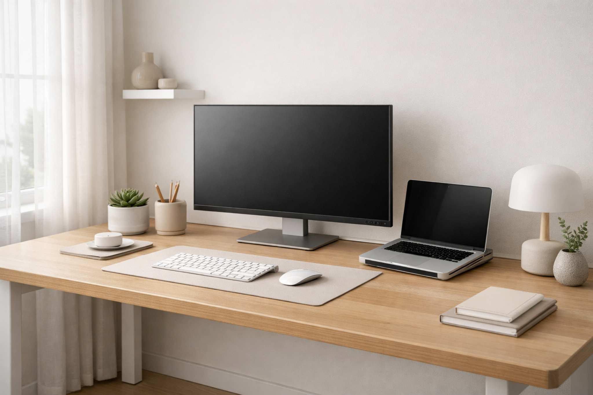 Home office com cabos e fios organizados