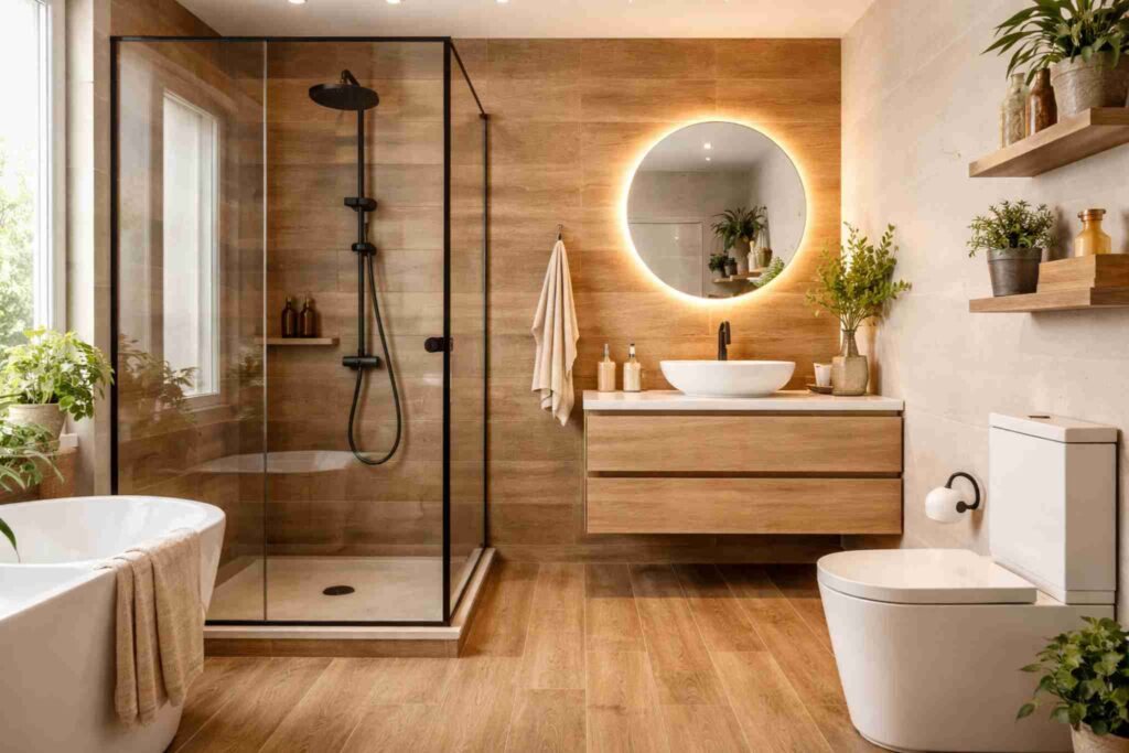 banheiro com porcelanato que imita madeira