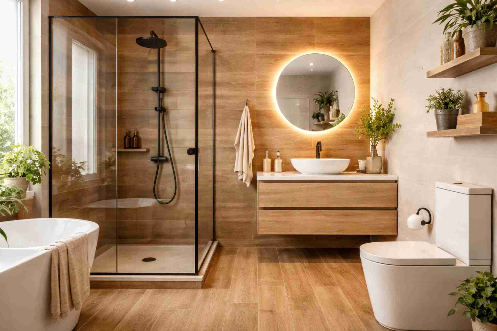 banheiro com porcelanato que imita madeira