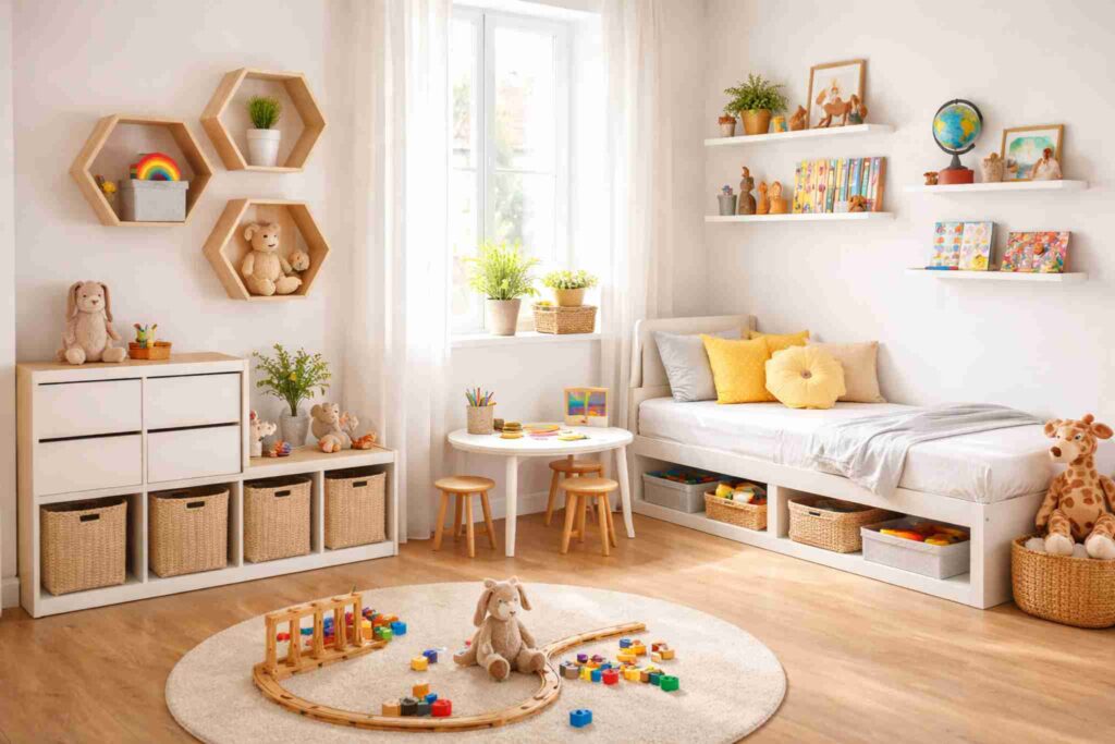 Quarto infantil com nichos e prateleiras