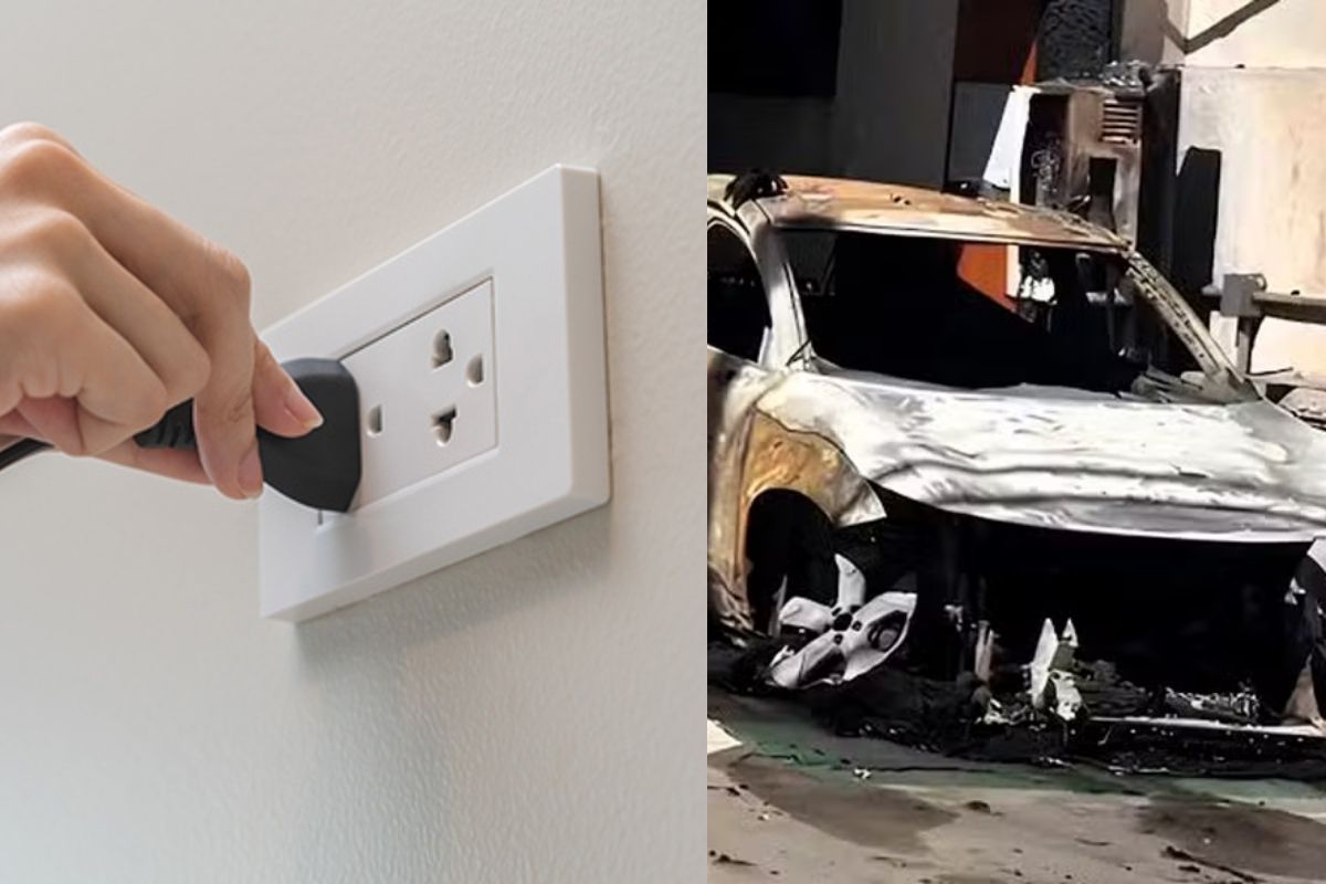 Tomada comum ao lado de um Volvo Ex30 queimado